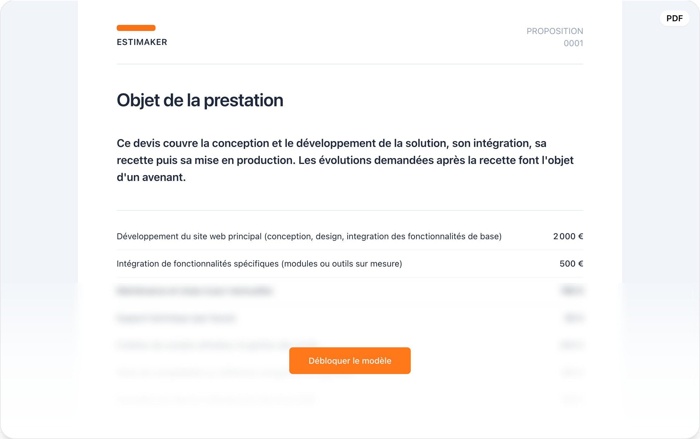 Modèle de devis développeur avec l'objet de la prestation et le détail des tâches chiffrées