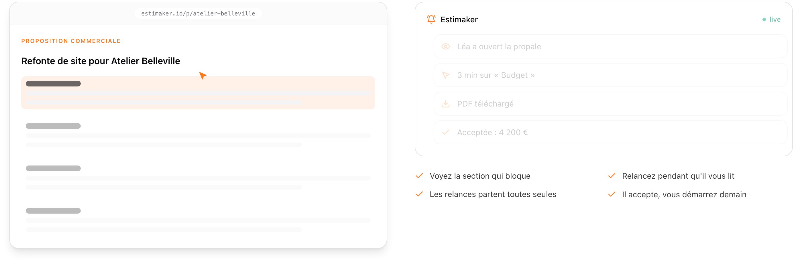 Suivi en temps réel d'un devis Estimaker : ouverture, temps passé par section, statut
