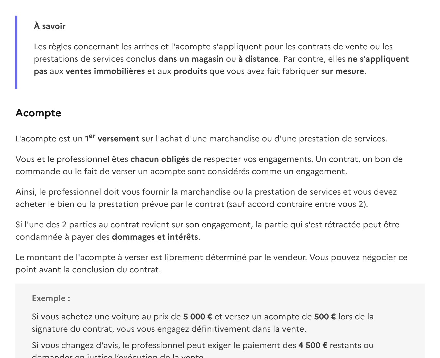 Extrait de la fiche officielle service-public.fr expliquant la différence entre acompte et arrhes